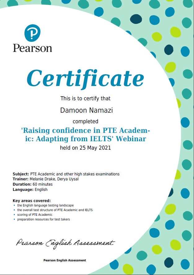 گواهینامه افزایش مهارت از آکادمی Pearson