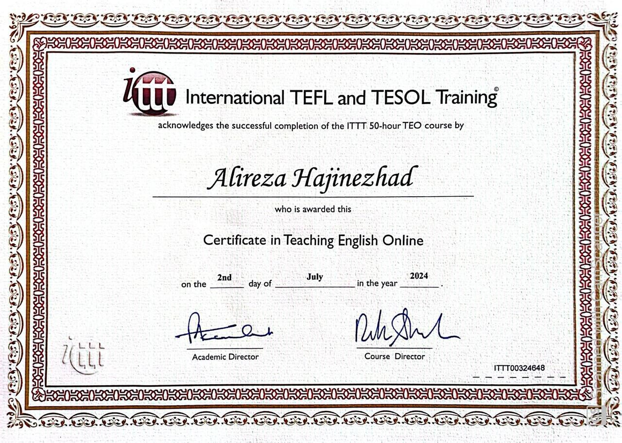 مدرک تدریس زبان به غیر انگلیسی زبان ها توسط International TEFL and TESOL Training علیرضا (بهرنگ) حاجی نژاد