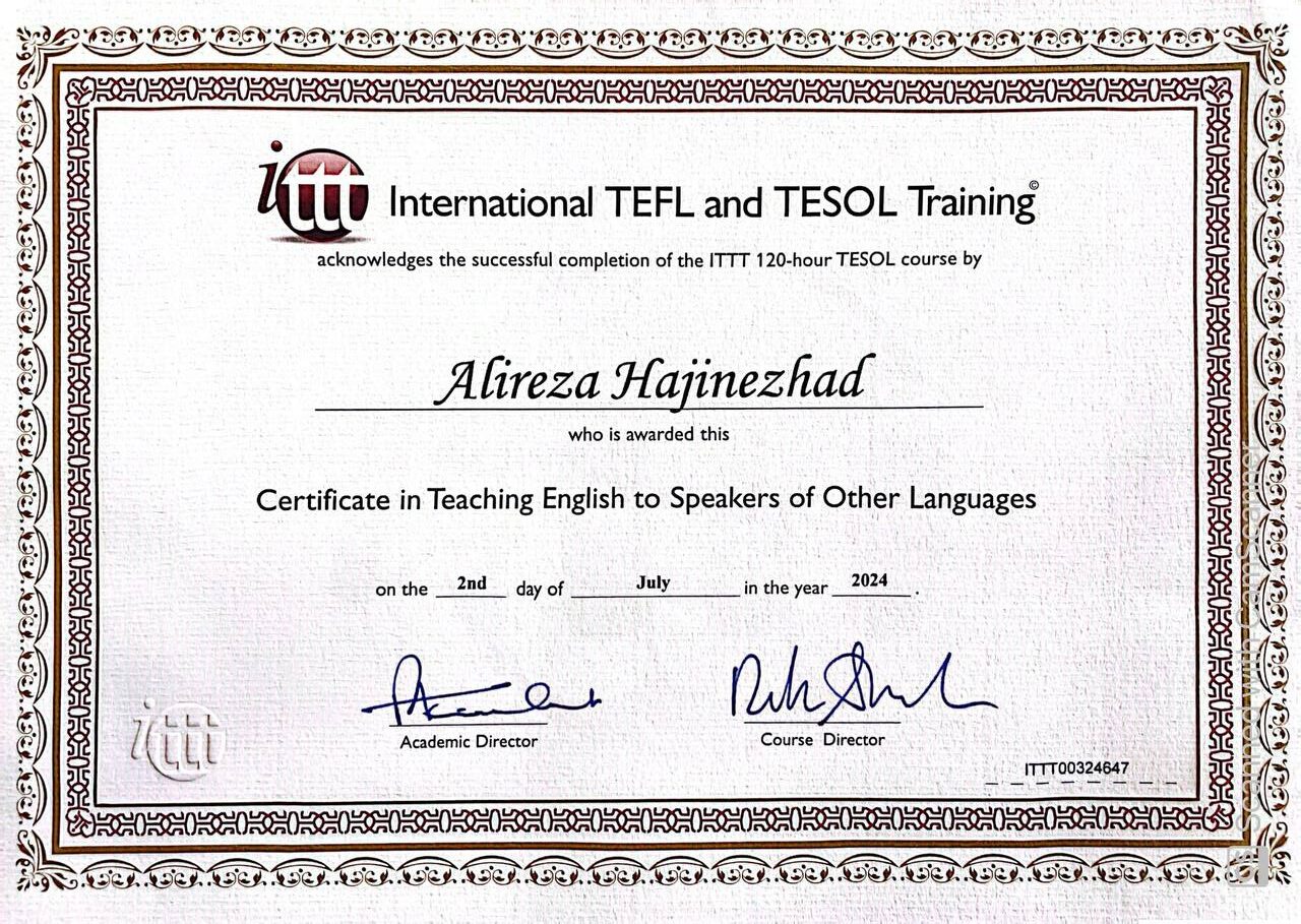مدرک تدریس زبان بصورت آنلاین توسط International TEFL and TESOL Training علیرضا (بهرنگ) حاجی نژاد