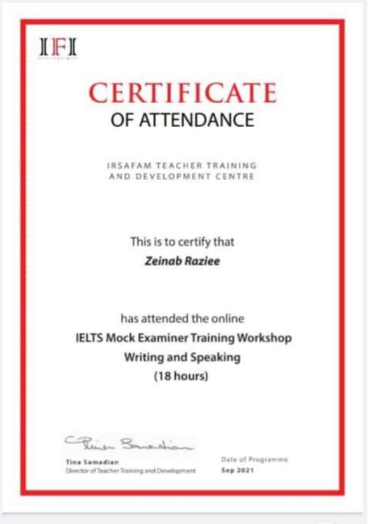 گواهی شرکت در IELTS Mock Examiner Training Workshop (Writing and Speaking) زینب رضیی