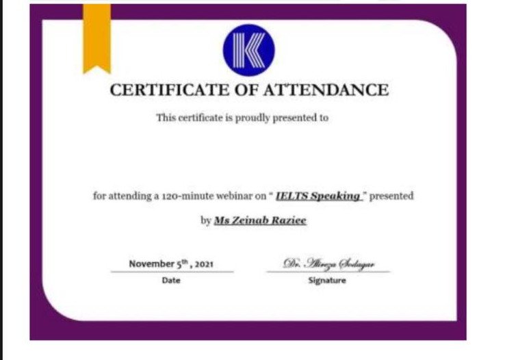 گواهی شرکت در وبینار IELTS Speaking زینب رضیی